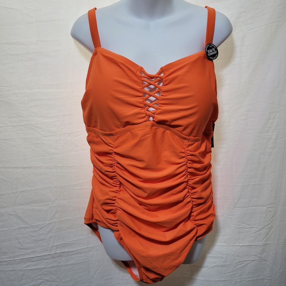 Torrid Swimsuit Plus Sz 2 Slim Fix Wireless Lattice Front ONE PIECE Orange NWT